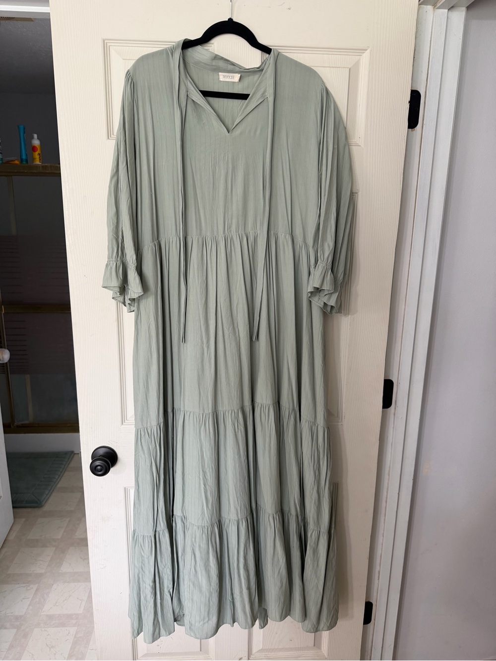 Roolee Light Sage Tiered Maxi Dress with Tie Neck
